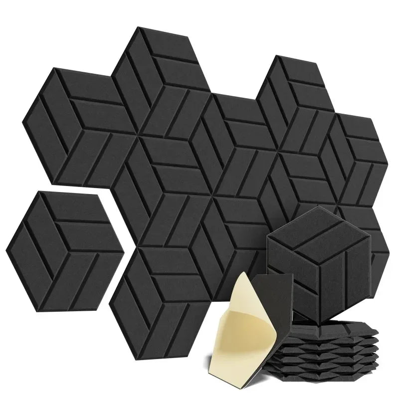 acoustic_panel wall_treatment Y-Lines Style Acoustic Panels (Set of 12) - Black Black 12pcs Hexagon 9mm Silencemaster